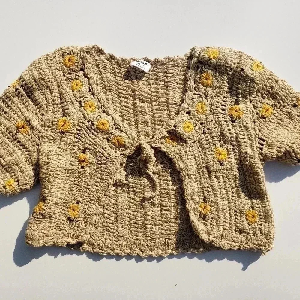 Brown Sunflower Tie Front Crop Top Cardigan -XS